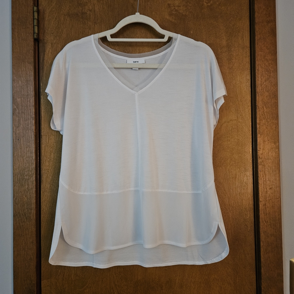 Bar IlI Petite V-Neck Mesh-Trim High-Low Top